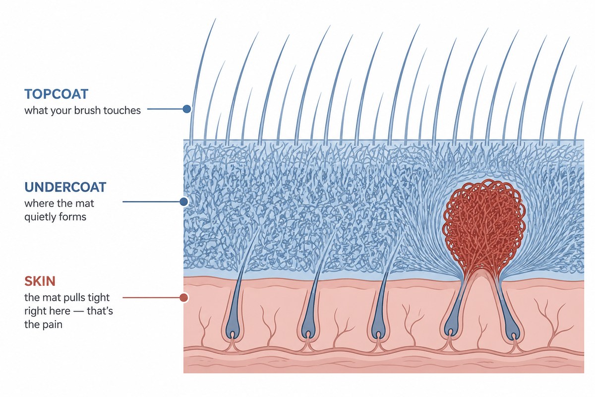Cross-section of a pet's coat showing the topcoat, undercoat, and skin, with a mat anchored down at the skin line.