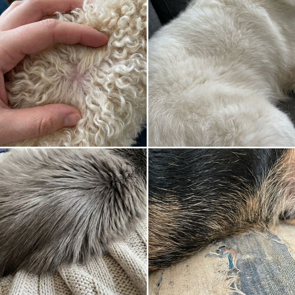 Different coat types: curly doodle, long-haired cat, double coat, mixed breed