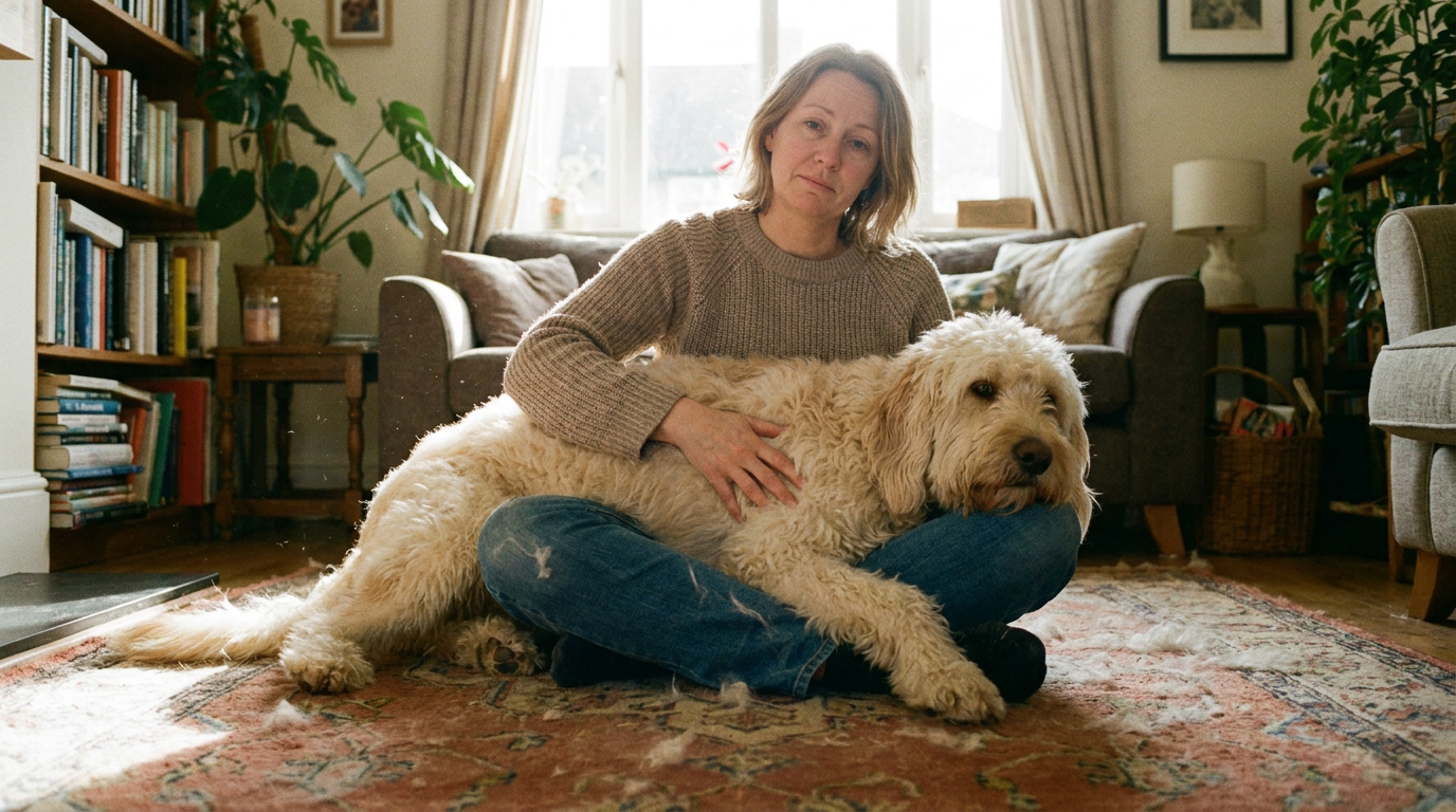 Owner gently grooming a calm, fluffy pet